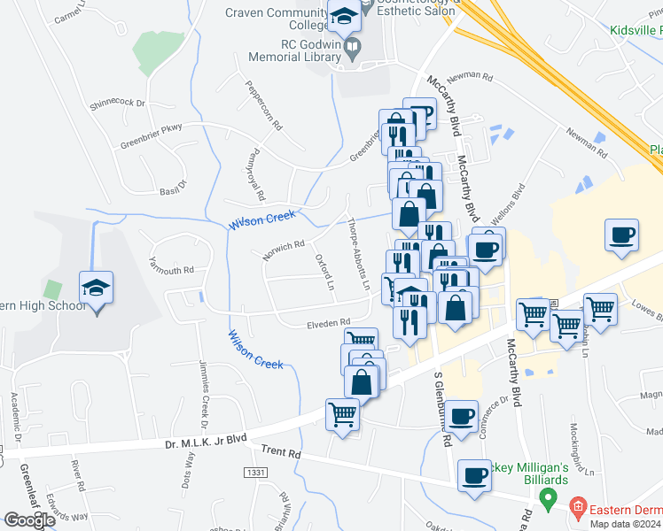 map of restaurants, bars, coffee shops, grocery stores, and more near 1408 Oxford Lane in New Bern