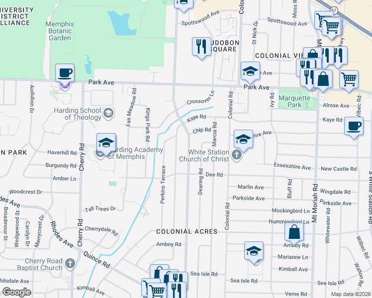 map of restaurants, bars, coffee shops, grocery stores, and more near 1055 South Perkins Road in Memphis