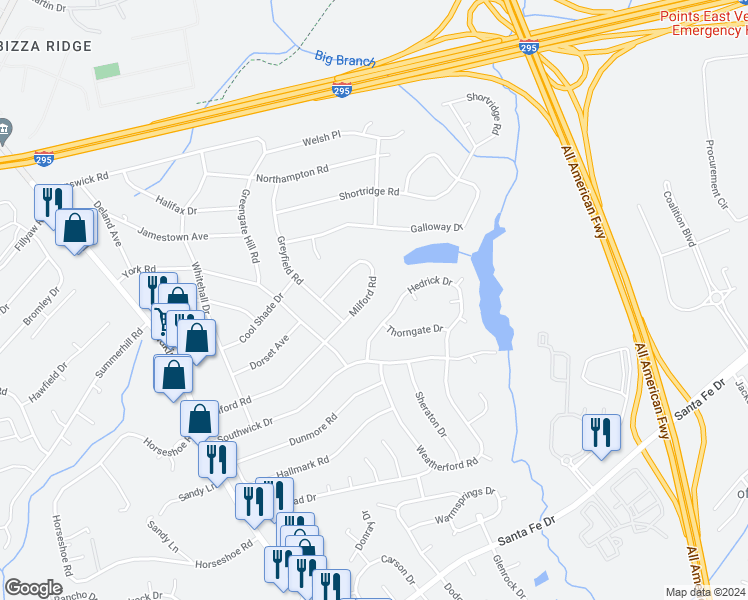 map of restaurants, bars, coffee shops, grocery stores, and more near 6408 Milford Road in Fayetteville
