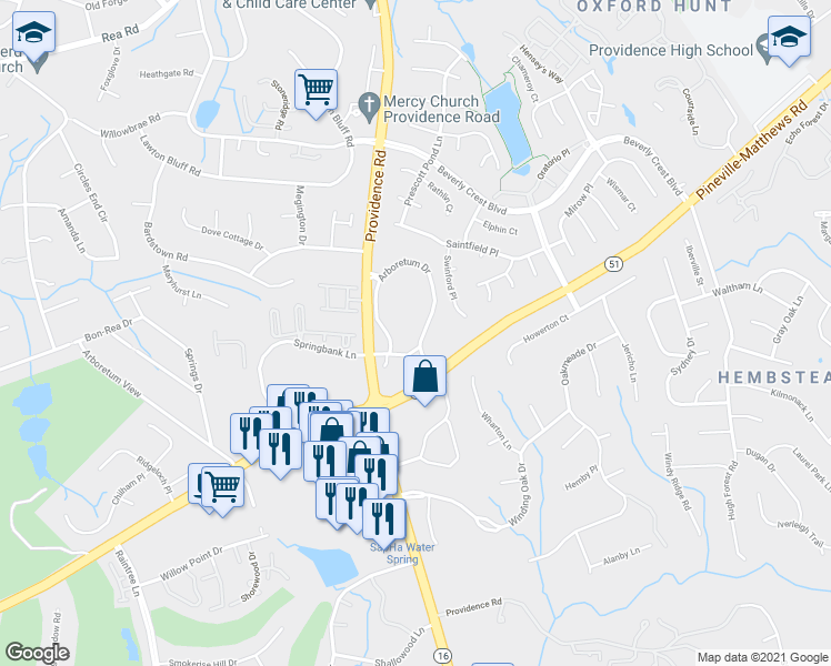 map of restaurants, bars, coffee shops, grocery stores, and more near 7828 Arboretum Drive in Charlotte