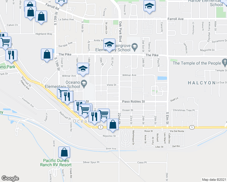 map of restaurants, bars, coffee shops, grocery stores, and more near 2157 Warner Street in Oceano