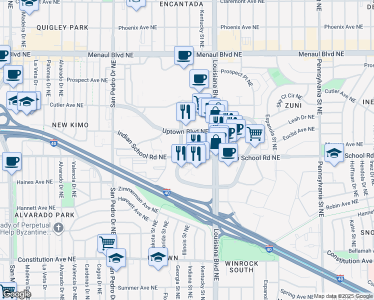 map of restaurants, bars, coffee shops, grocery stores, and more near 2298 Indiana Street Northeast in Albuquerque