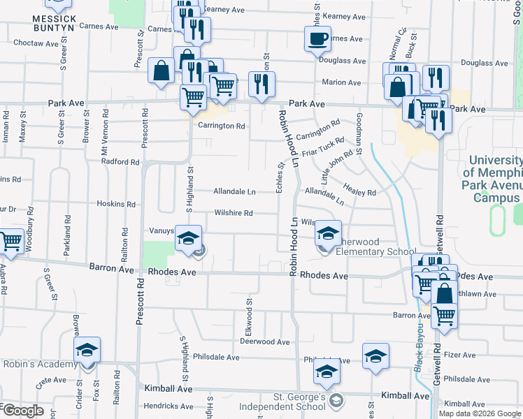 map of restaurants, bars, coffee shops, grocery stores, and more near 3635 Allandale Road in Memphis