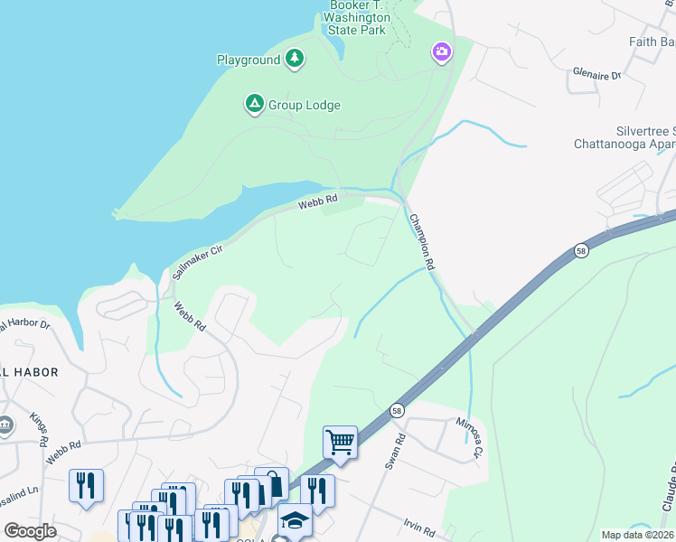 map of restaurants, bars, coffee shops, grocery stores, and more near 5266 Rotary Drive in Chattanooga