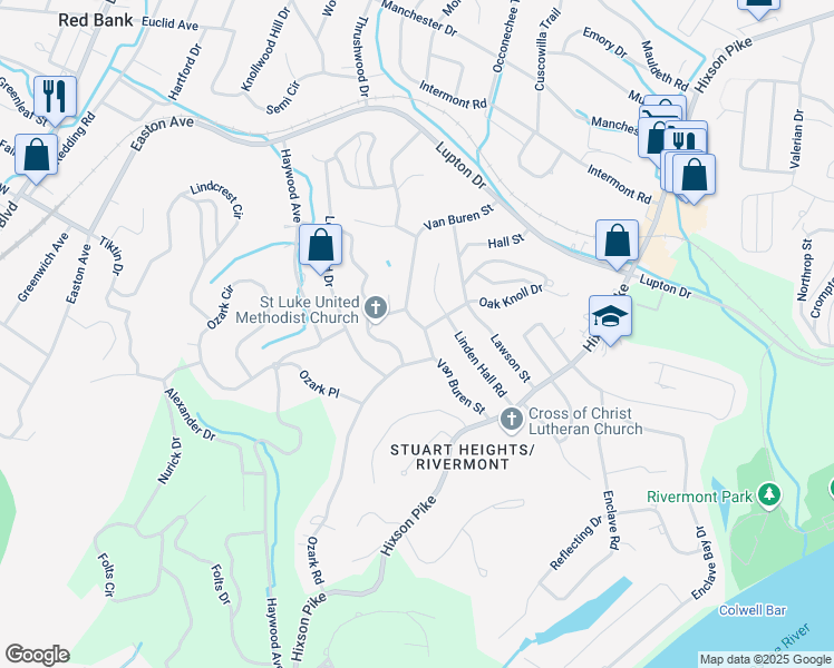 map of restaurants, bars, coffee shops, grocery stores, and more near 3291 Van Buren Street in Chattanooga