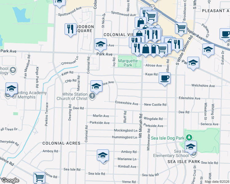 map of restaurants, bars, coffee shops, grocery stores, and more near 1049 Ivy Road in Memphis