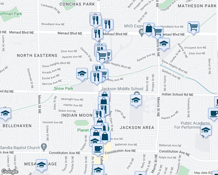 map of restaurants, bars, coffee shops, grocery stores, and more near 1824 Mary Ellen Street Northeast in Albuquerque