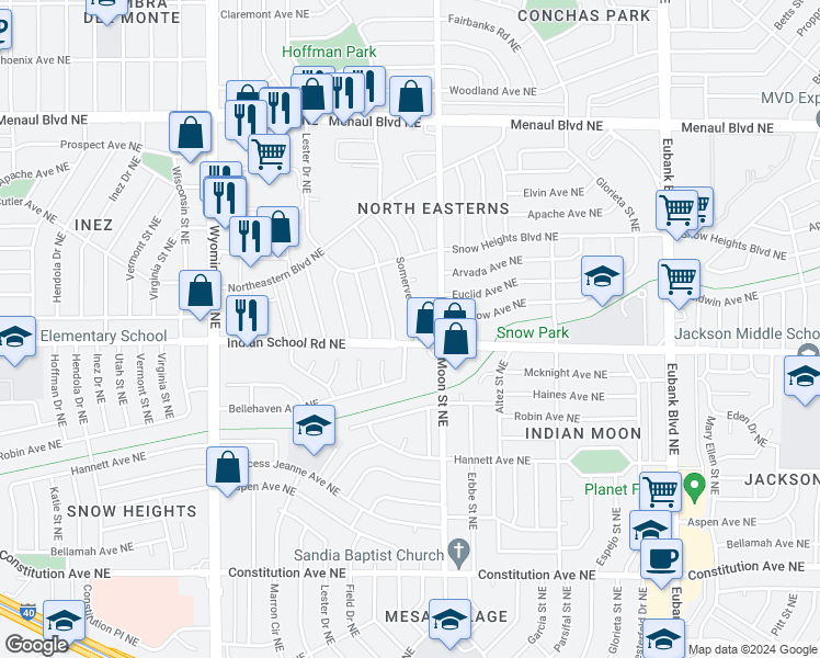 map of restaurants, bars, coffee shops, grocery stores, and more near 1816 Saint Street Northeast in Albuquerque
