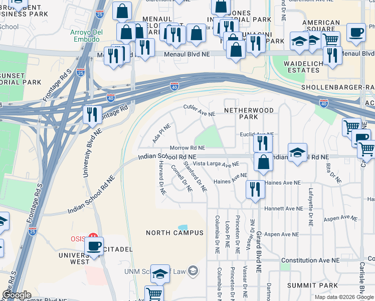 map of restaurants, bars, coffee shops, grocery stores, and more near 2503 Schell Court Northeast in Albuquerque