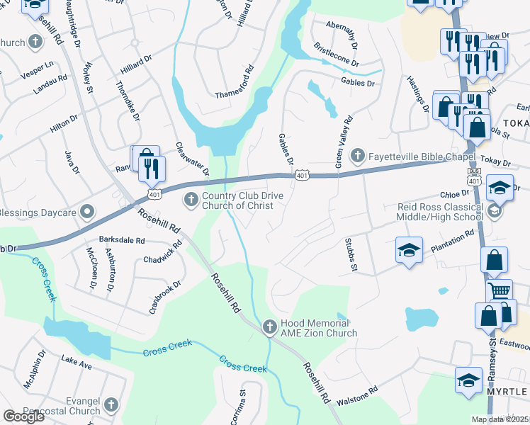 map of restaurants, bars, coffee shops, grocery stores, and more near 629 Harveydale Drive in Fayetteville