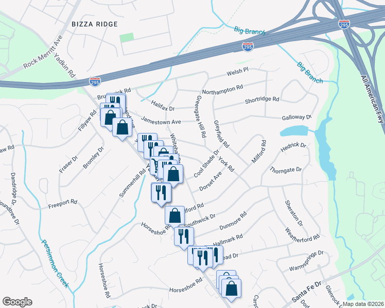 map of restaurants, bars, coffee shops, grocery stores, and more near 508 York Road in Fayetteville