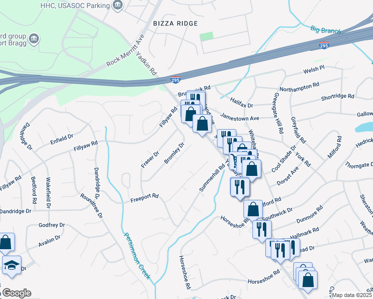 map of restaurants, bars, coffee shops, grocery stores, and more near 1264 Bromley Drive in Fayetteville