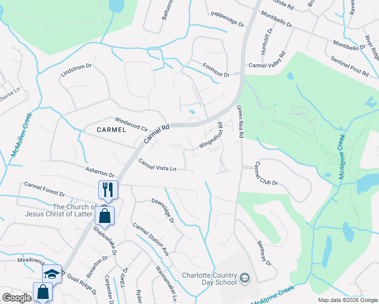 map of restaurants, bars, coffee shops, grocery stores, and more near 5021 Gamton Court in Charlotte