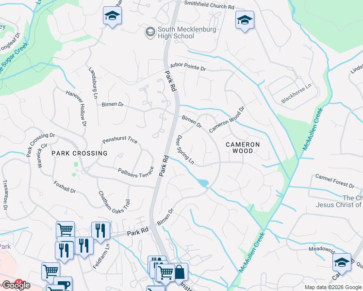 map of restaurants, bars, coffee shops, grocery stores, and more near 9400 Deer Spring Lane in Charlotte
