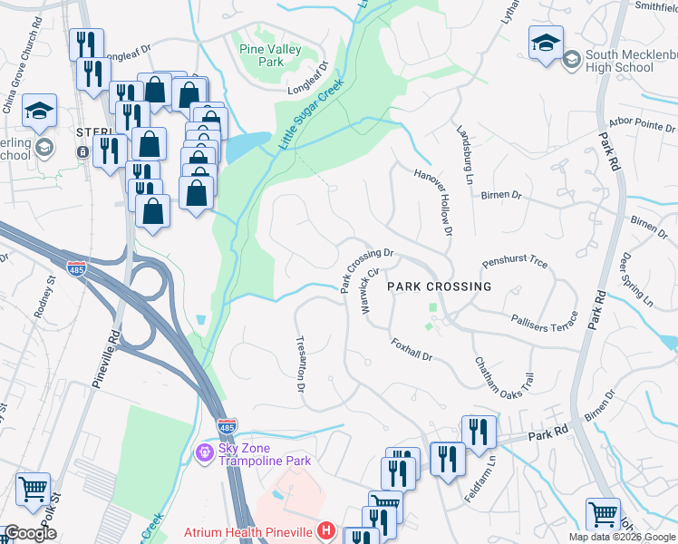 map of restaurants, bars, coffee shops, grocery stores, and more near 9808 Balmoral Circle in Charlotte