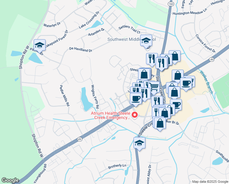 map of restaurants, bars, coffee shops, grocery stores, and more near 13104 Winter Hazel Road in Charlotte