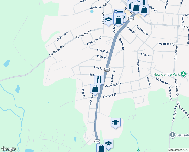 map of restaurants, bars, coffee shops, grocery stores, and more near 114 Sunset Drive in Clover