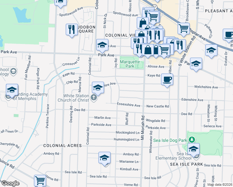 map of restaurants, bars, coffee shops, grocery stores, and more near 1049 Ivy Road in Memphis