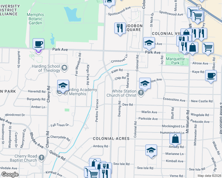 map of restaurants, bars, coffee shops, grocery stores, and more near 1055 South Perkins Road in Memphis