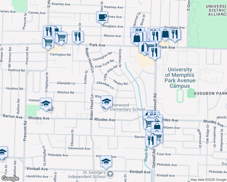 map of restaurants, bars, coffee shops, grocery stores, and more near 3768 Allandale Lane in Memphis
