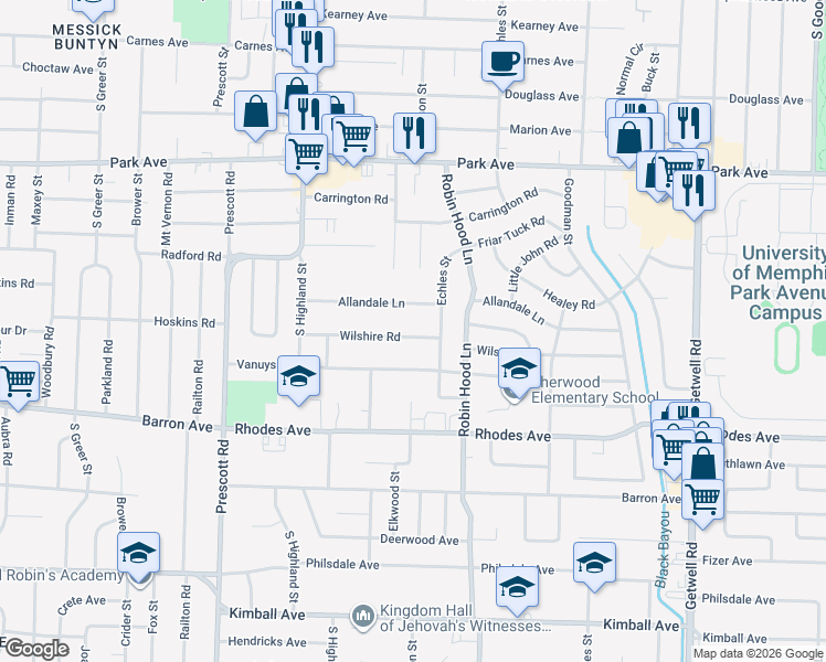 map of restaurants, bars, coffee shops, grocery stores, and more near 3635 Allandale Road in Memphis