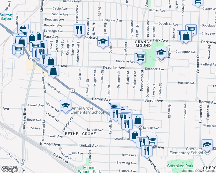 map of restaurants, bars, coffee shops, grocery stores, and more near 1546 David Street in Memphis