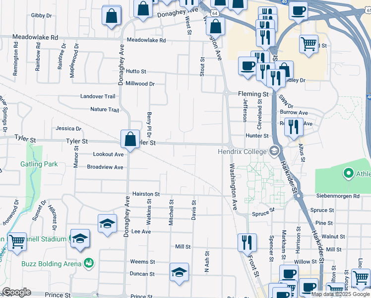 map of restaurants, bars, coffee shops, grocery stores, and more near 61 Meadowbrook Drive in Conway