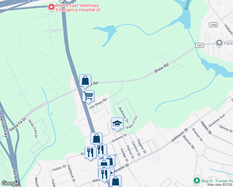 map of restaurants, bars, coffee shops, grocery stores, and more near 355 Old Shaw Road in Fayetteville