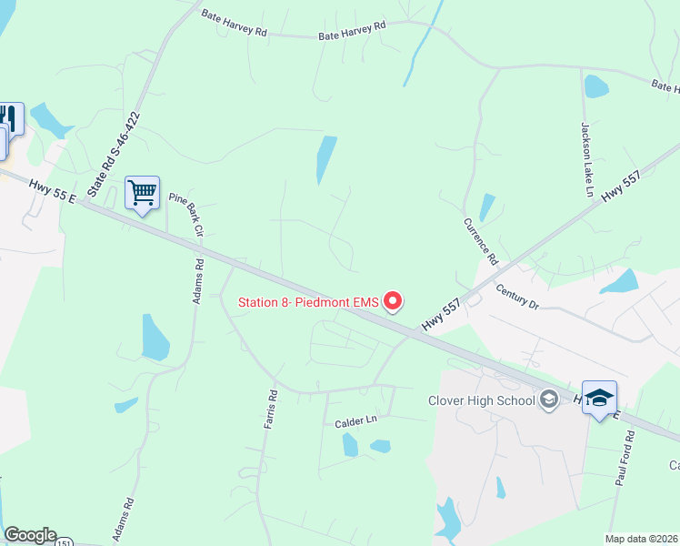 map of restaurants, bars, coffee shops, grocery stores, and more near 521 Zoe Bee Drive in Clover