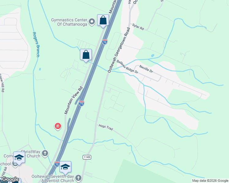 map of restaurants, bars, coffee shops, grocery stores, and more near 9011 Raydoe Road in Ooltewah