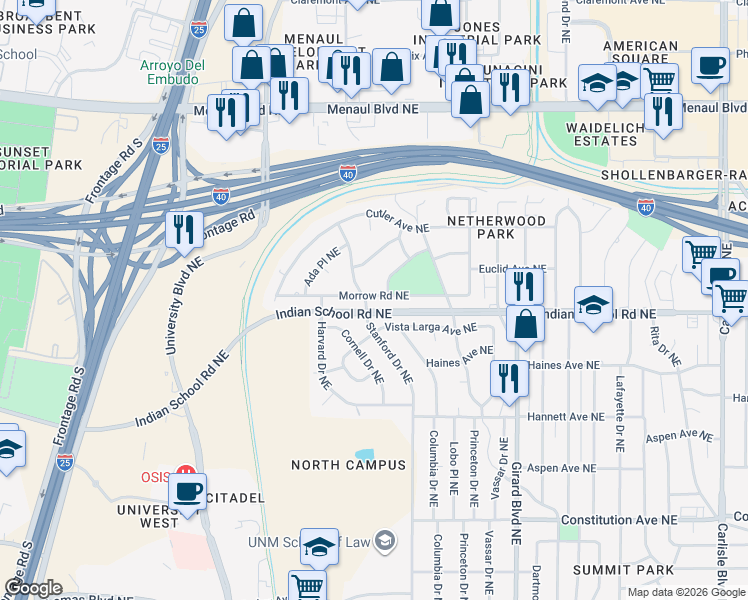 map of restaurants, bars, coffee shops, grocery stores, and more near 2503 Schell Court Northeast in Albuquerque