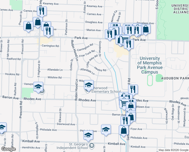 map of restaurants, bars, coffee shops, grocery stores, and more near 3768 Allandale Lane in Memphis