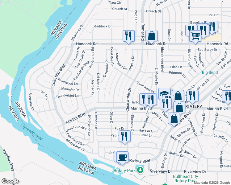 map of restaurants, bars, coffee shops, grocery stores, and more near 1899 Montclair Drive in Bullhead City