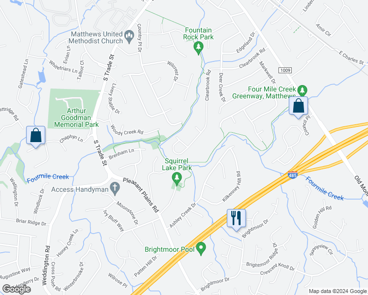map of restaurants, bars, coffee shops, grocery stores, and more near 904 Clearbrook Road in Matthews