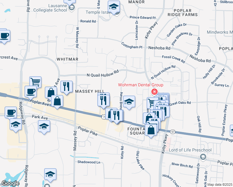 map of restaurants, bars, coffee shops, grocery stores, and more near 1715 Aaron Brenner Drive in Memphis