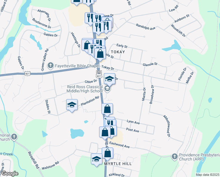 map of restaurants, bars, coffee shops, grocery stores, and more near 3200 Ramsey Street in Fayetteville