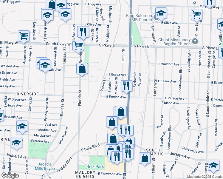 map of restaurants, bars, coffee shops, grocery stores, and more near 1629 South Main Street in Memphis