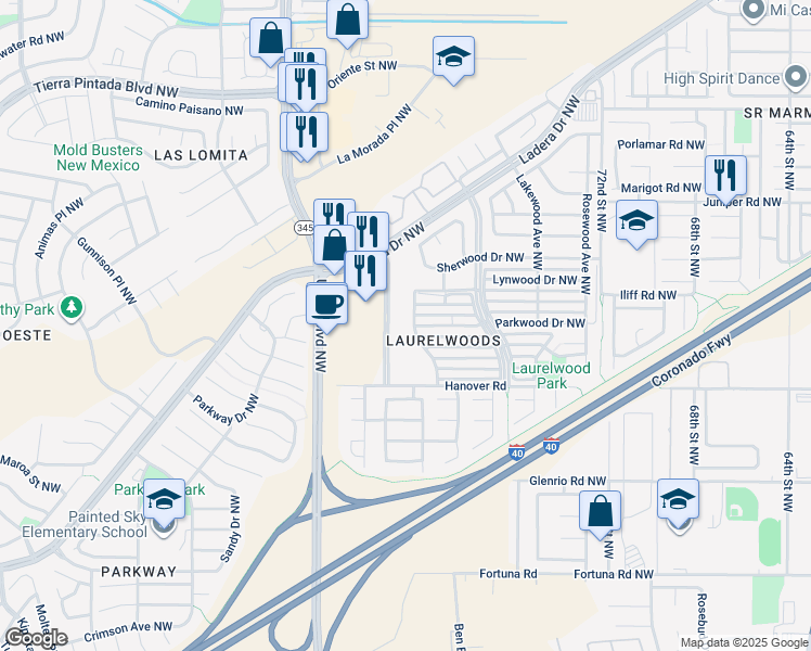 map of restaurants, bars, coffee shops, grocery stores, and more near 7828 Pinewood Drive Northwest in Albuquerque
