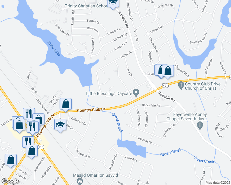 map of restaurants, bars, coffee shops, grocery stores, and more near 760 Hilton Drive in Fayetteville