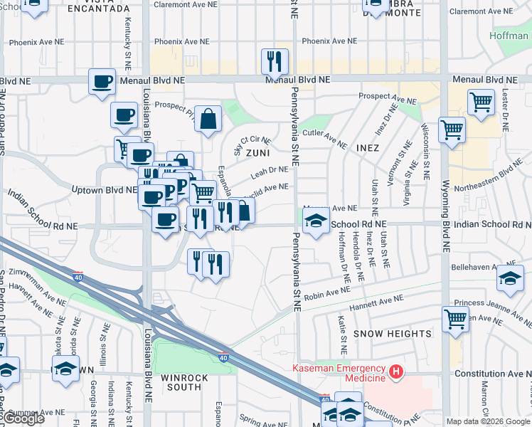 map of restaurants, bars, coffee shops, grocery stores, and more near 7505 Morrow Avenue Northeast in Albuquerque