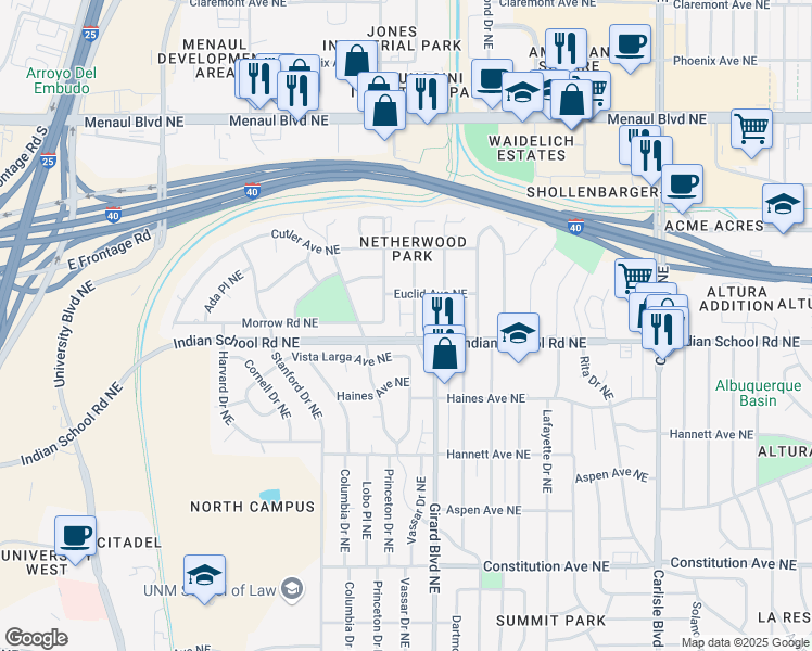 map of restaurants, bars, coffee shops, grocery stores, and more near 1719 Girard Boulevard Northeast in Albuquerque
