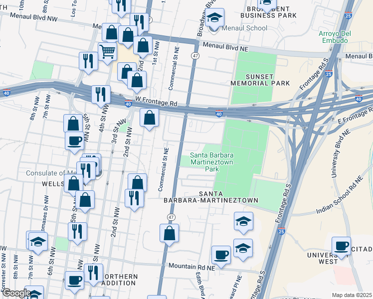 map of restaurants, bars, coffee shops, grocery stores, and more near 1880 Broadway Boulevard Northeast in Albuquerque