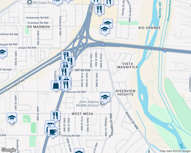 map of restaurants, bars, coffee shops, grocery stores, and more near 1528 54th Street Northwest in Albuquerque