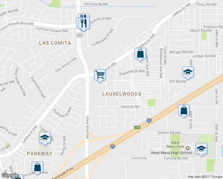 map of restaurants, bars, coffee shops, grocery stores, and more near 7828 Pinewood Drive Northwest in Albuquerque