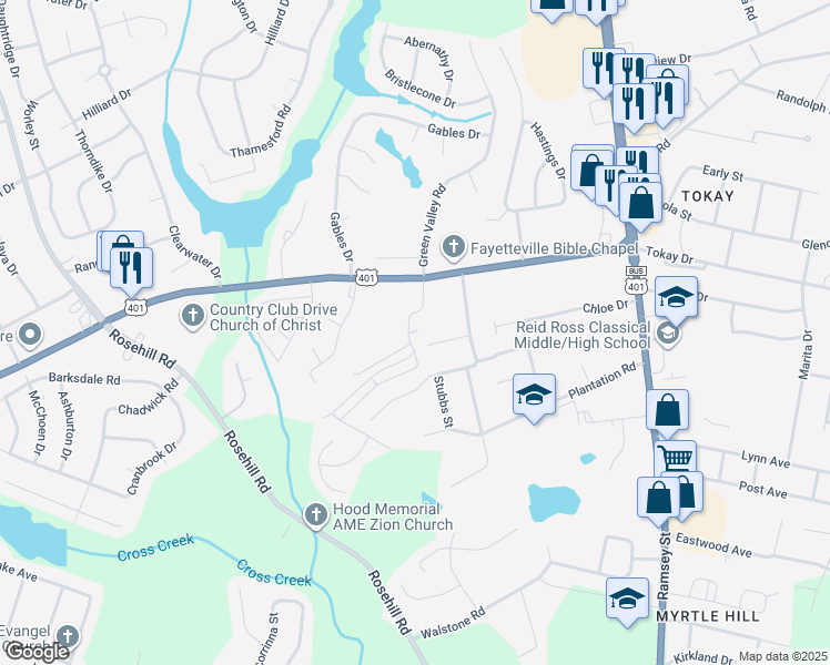 map of restaurants, bars, coffee shops, grocery stores, and more near 3320 Green Valley Road in Fayetteville