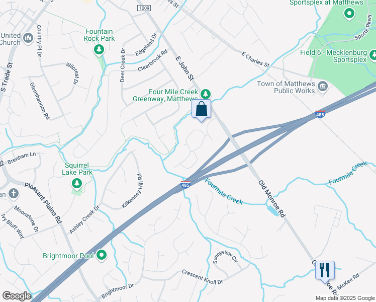 map of restaurants, bars, coffee shops, grocery stores, and more near 7910 Vinings Oak Lane in Matthews