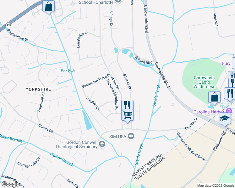 map of restaurants, bars, coffee shops, grocery stores, and more near 14040 Moss Road in Charlotte