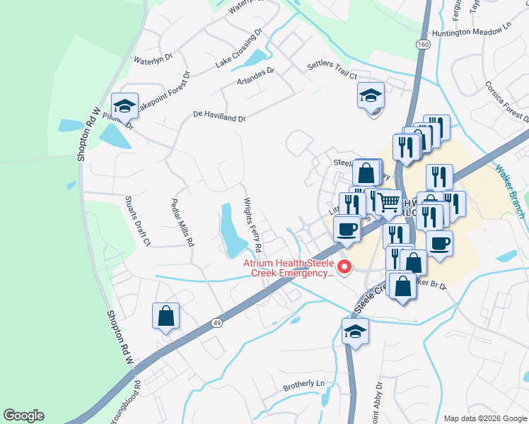 map of restaurants, bars, coffee shops, grocery stores, and more near 15918 Umbrella Lane in Charlotte