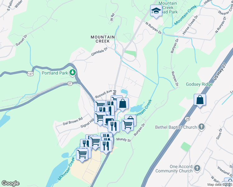 map of restaurants, bars, coffee shops, grocery stores, and more near 900 Mountain Creek Road in Chattanooga