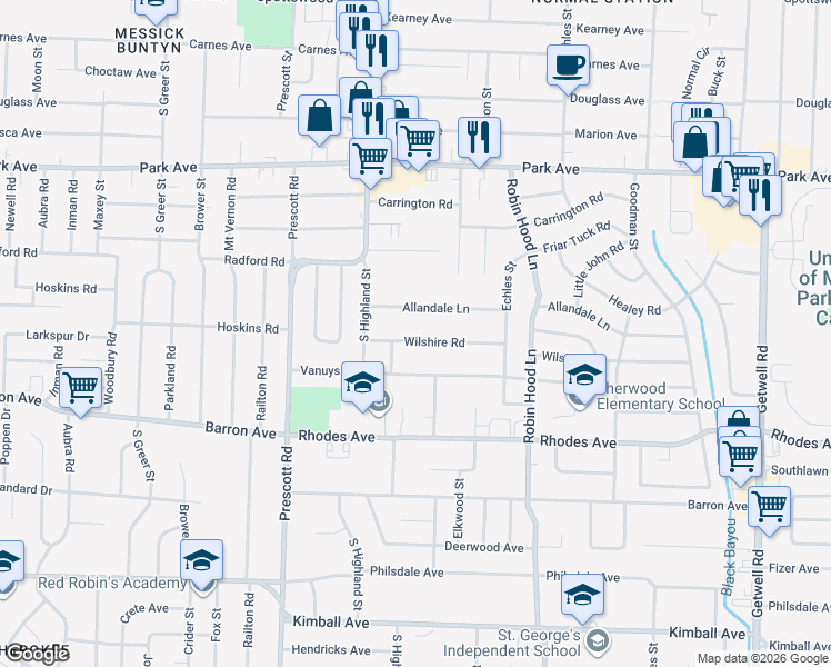 map of restaurants, bars, coffee shops, grocery stores, and more near 3547 Allandale Lane in Memphis